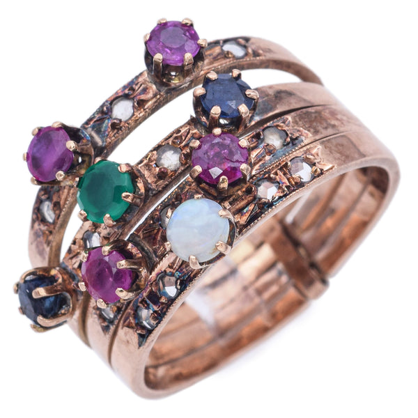 Antique 14K Gold Sapphire, Ruby, Opal, Emerald, Diamond Multi-Band Ring Sz 6.75