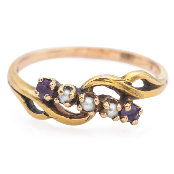 Antique 14K Yellow Gold Amethyst & Seed Pearl Band Ring Size 5.75