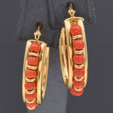 Vintage 18K Yellow Gold Red Coral Oval Hoop Dangle Earrings 25 x 22 mm