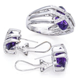 Estate 18K White Gold Amethyst & 0.34 TCW Diamond Ring & Omega-Back Earrings Set