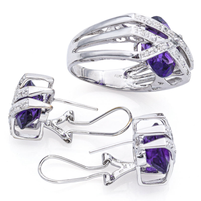 Estate 18K White Gold Amethyst & 0.34 TCW Diamond Ring & Omega-Back Earrings Set