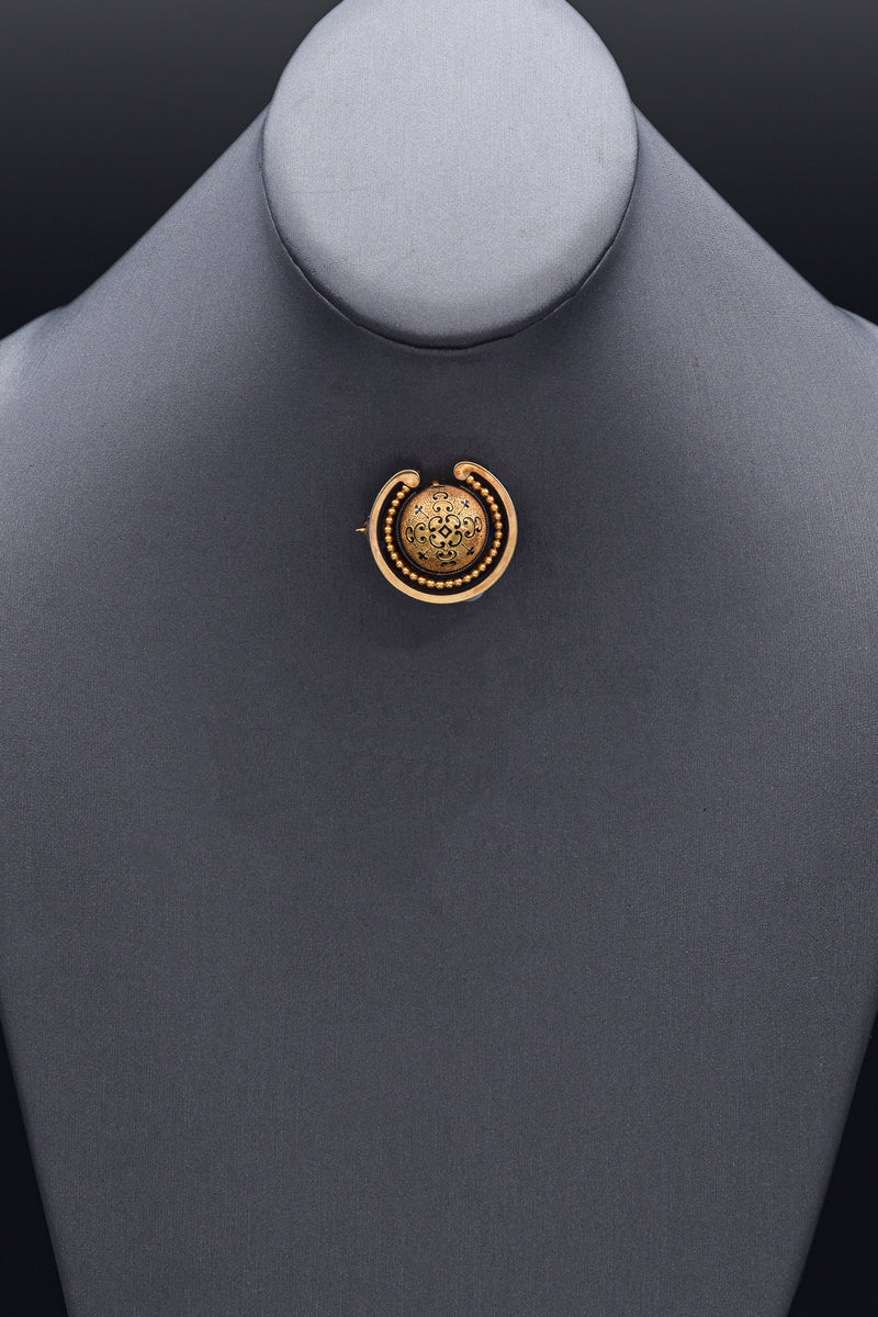 Antique Victorian 14K Yellow Gold Black Enamel Brooch Pin