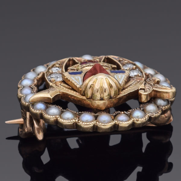 Vintage Pearl, Diamond and Ruby 14K Yellow Gold Masonic Potentate Shriners Pin
