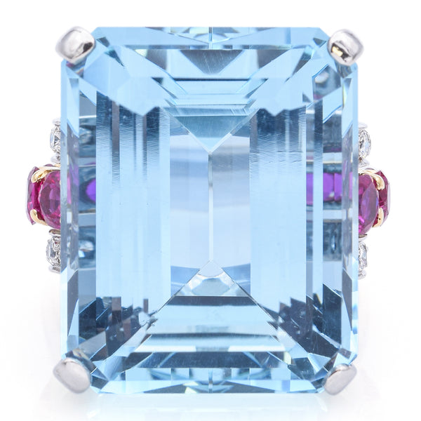 $18,000 Appraised Platinum 30 TCW Aquamarine, Ruby & 0.40 TCW Diamond Ring +Box