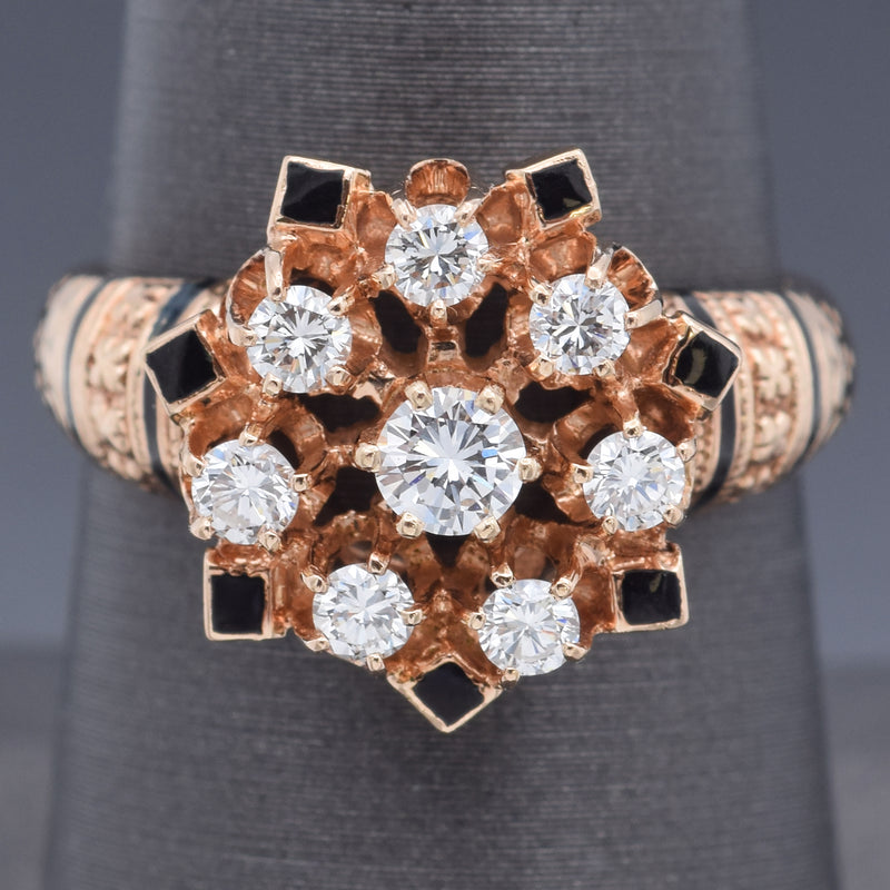Antique 14K Yellow Gold 0.59 TCW Diamond Black Enamel Band Ring