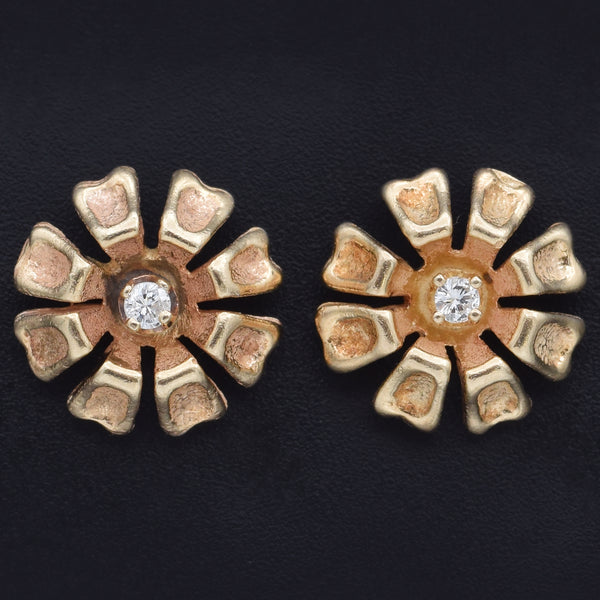 Vintage Diamond 14K Yellow Gold Floral Stud Earrings 9.75 mm