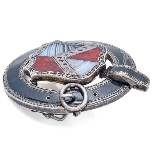 Antique Victorian Multi-Stone Silver Scottish Shield Garter Pebble Brooch Pin