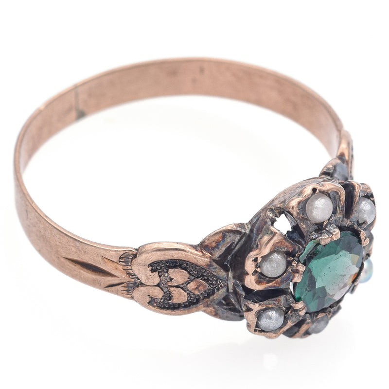 Antique 10K Yellow Gold Lab Emerald & Pearl Band Ring Size 6.5