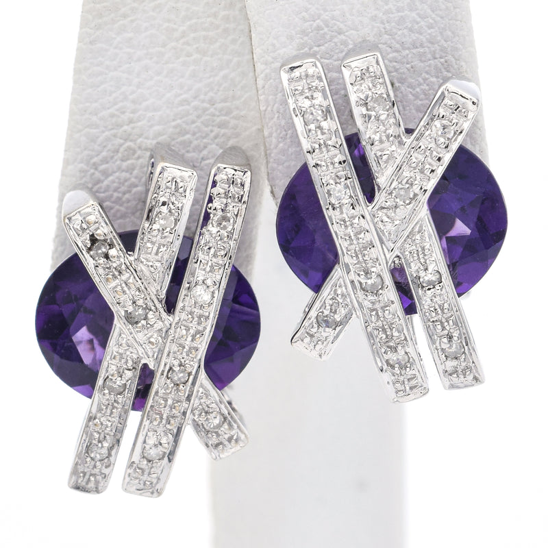 Estate 18K White Gold Amethyst & 0.34 TCW Diamond Ring & Omega-Back Earrings Set