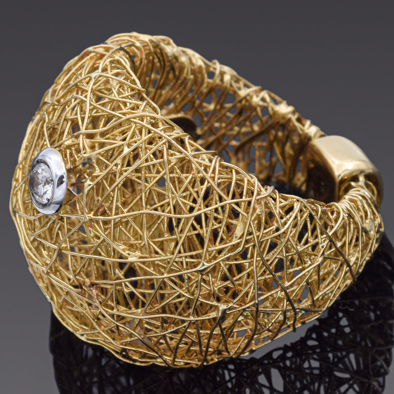 Orlando Orlandini 18K Yellow Gold Diamond Mesh Ring + Box Size 6