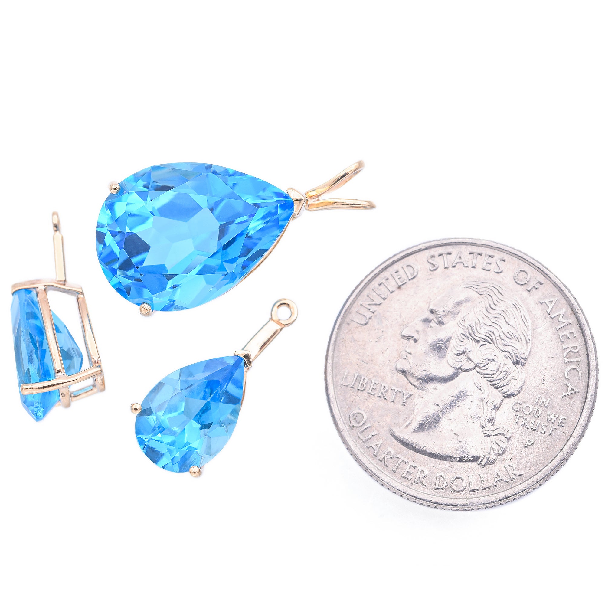 Estate 14K Yellow Gold Blue Topaz Pear Pendant & Jacket Earrings Set