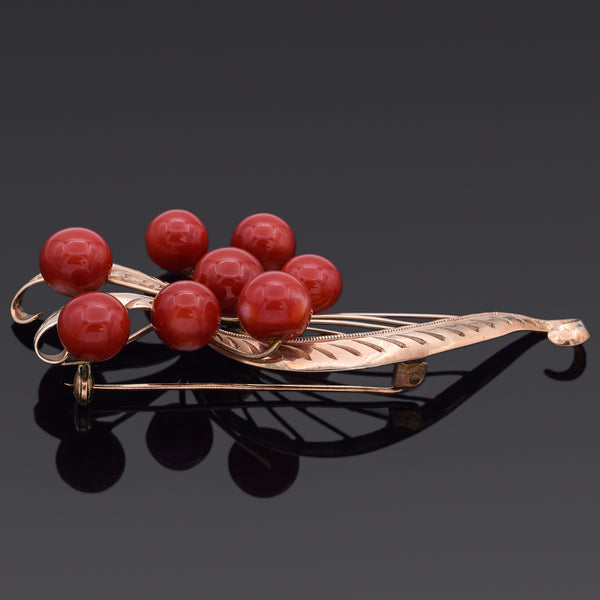 Vintage Red Coral 14K Yellow Gold Swirl Brooch Pin