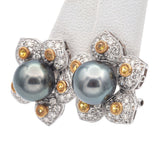 Estate 18K White Gold Pearl, Yellow Sapphire & 1.05 TCW Diamond Floral Earrings