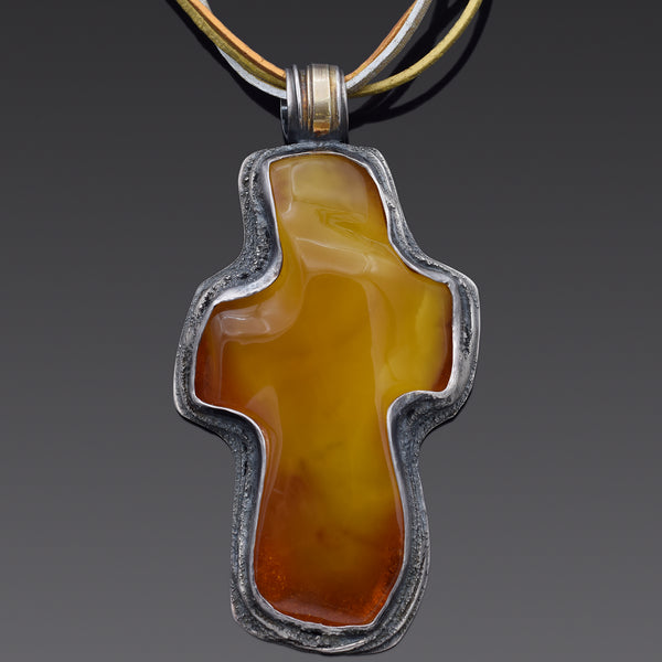 Vintage Amber Sterling Silver Leather Cord Cross Pendant