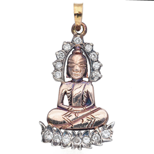 Vintage 16K Yellow Gold and Silver Diamond Sitting Buddha Pendant