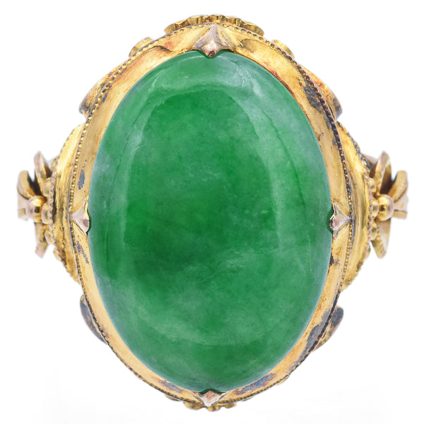 Vintage 12K Yellow Gold 5.85 Ct Green Jade Oval Cabochon Ring Size 4.5