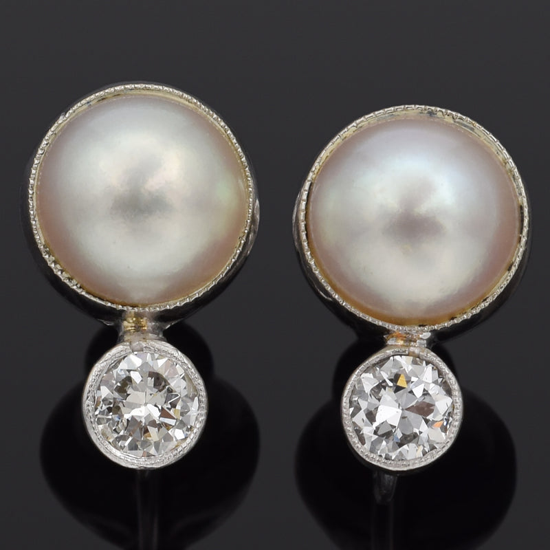Vintage 14K White Gold Sea Pearl & 0.44 TCW Old Euro Diamond Screw Back Earrings