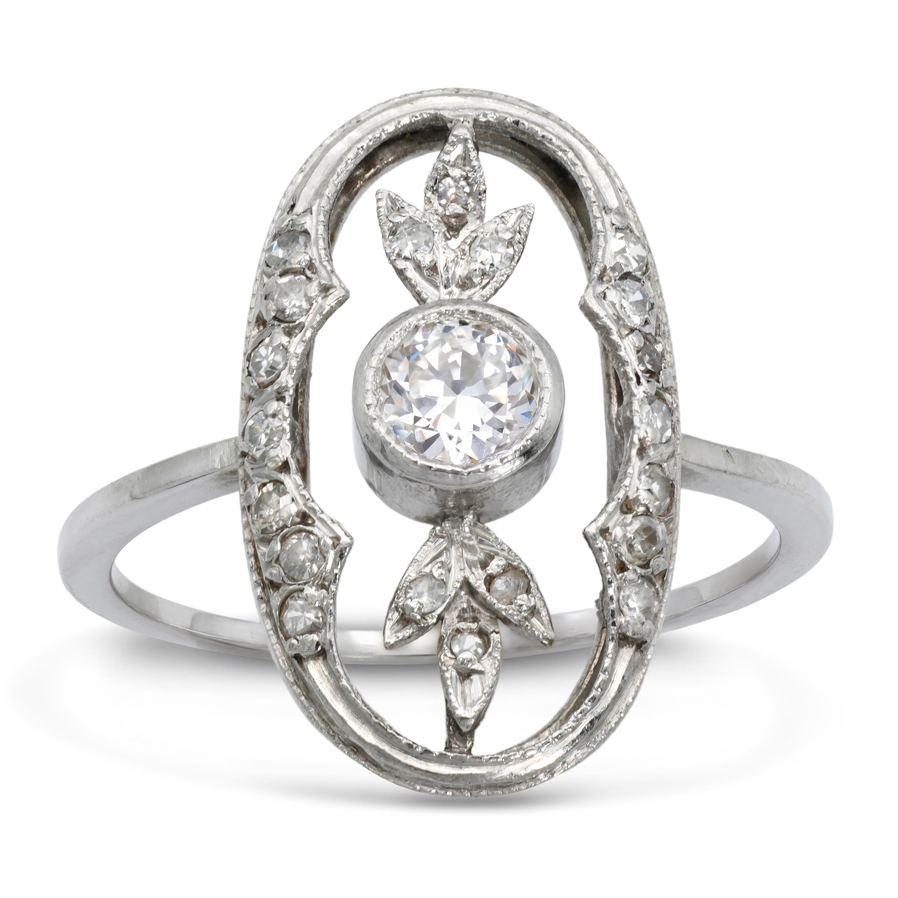 Edwardian Platinum Old European Cut Diamond Openwork Foliate Ring