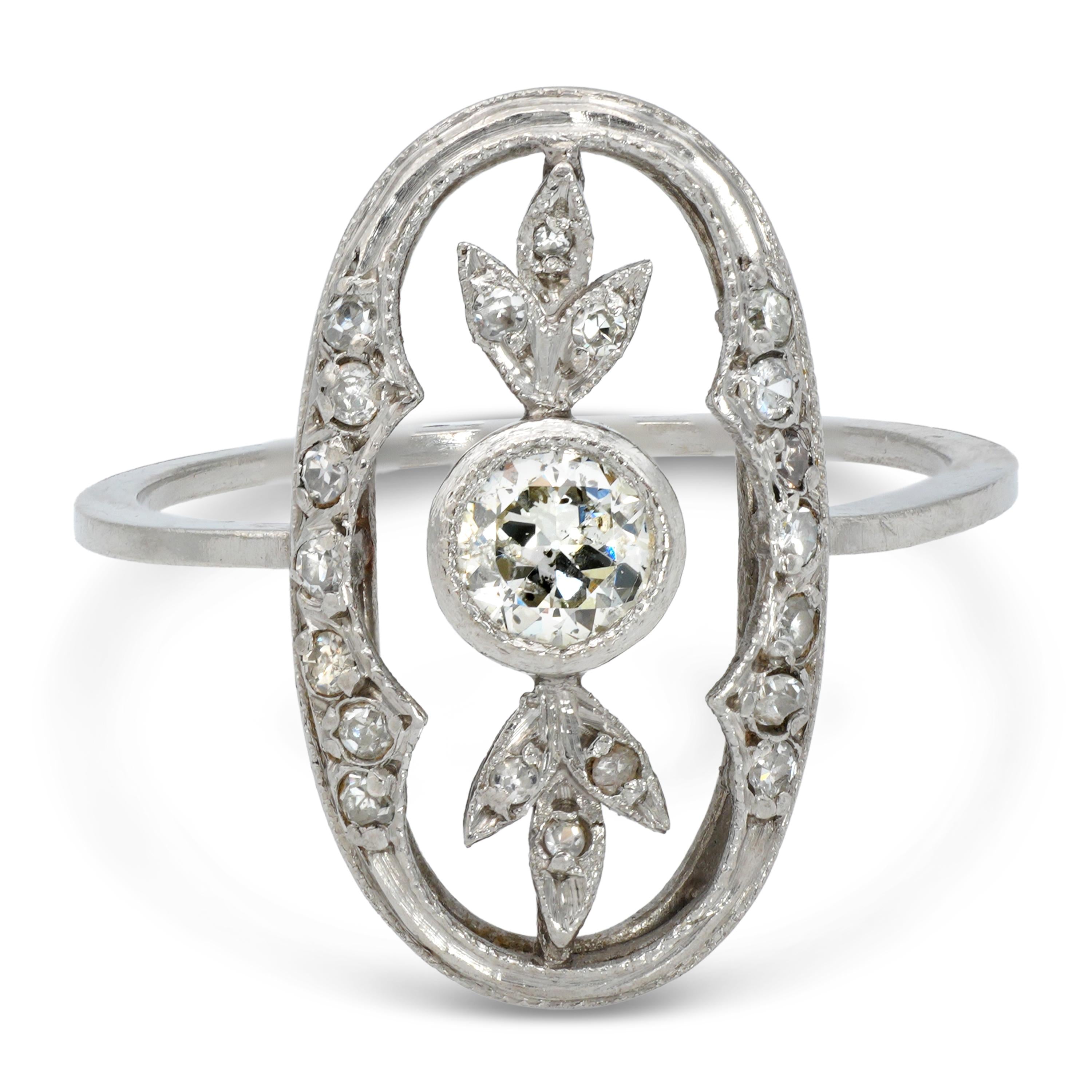 Edwardian Platinum Old European Cut Diamond Openwork Foliate Ring