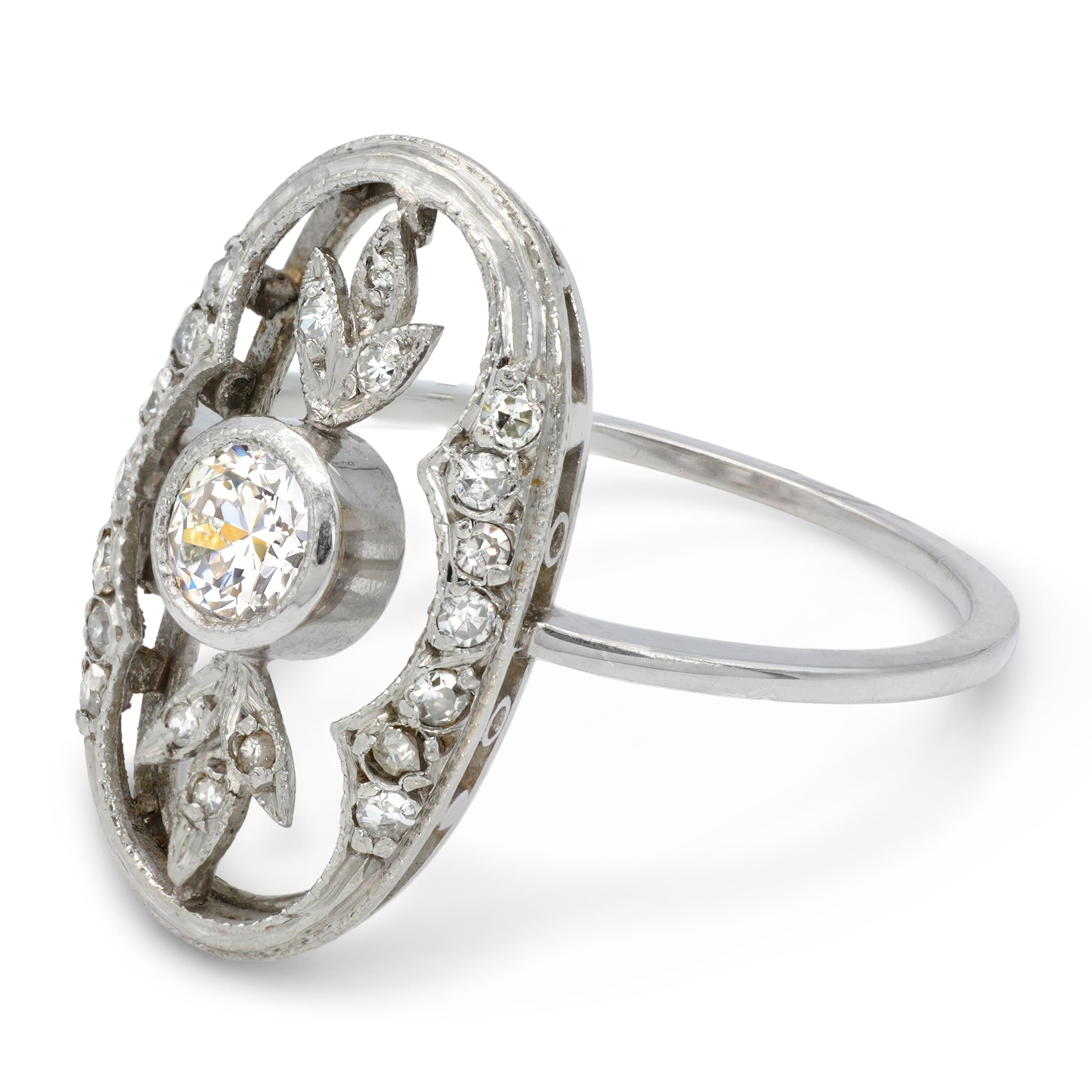 Edwardian Platinum Old European Cut Diamond Openwork Foliate Ring