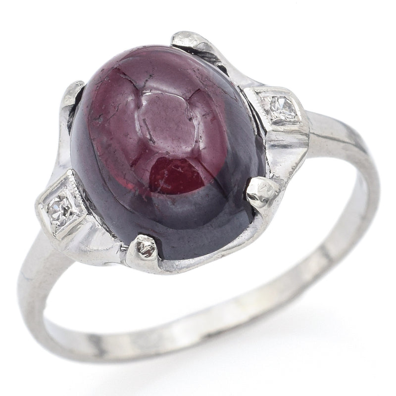 Vintage 14K White Gold Garnet & Diamond Band Ring Size 6.5