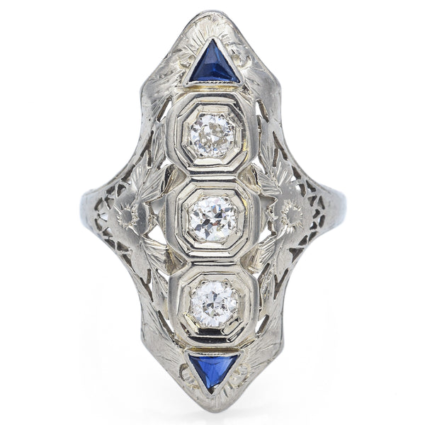 Antique Art Deco 18K White Gold 0.17 TCW Diamond & Sapphire Shield Cocktail Ring