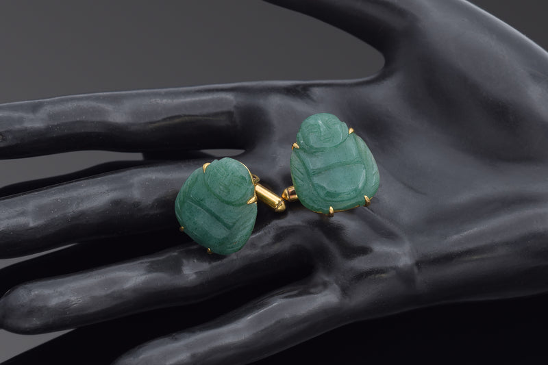 Vintage 14K Yellow Gold Aventurine Carved Buddha Large Cufflinks 13.2 Grams