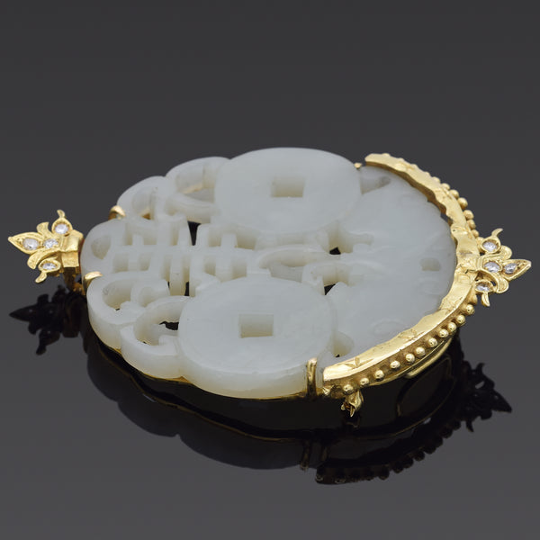 Antique 18K Yellow Gold Mutton Fat Jade & Diamond Fu Shou Brooch Pin Pendant