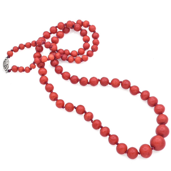 Vintage 10K White Gold Red Coral Graduated Beaded Strand Necklace
