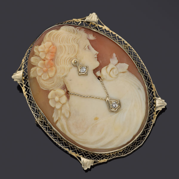 Antique 14K White Gold Cameo & Diamond Oval Large Brooch Pin Pendant