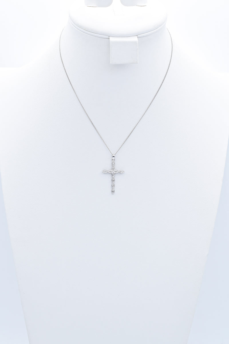 Vintage Platinum 0.20 TCW Diamond Cross Pendant on 14K Gold Chain Necklace