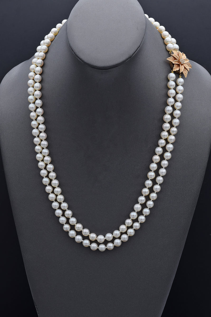 Vintage 14K Yellow Gold 7-7.5 mm Pearl & Diamond Beaded Strand Necklace 22"