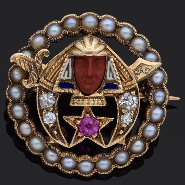 Vintage Pearl, Diamond and Ruby 14K Yellow Gold Masonic Potentate Shriners Pin