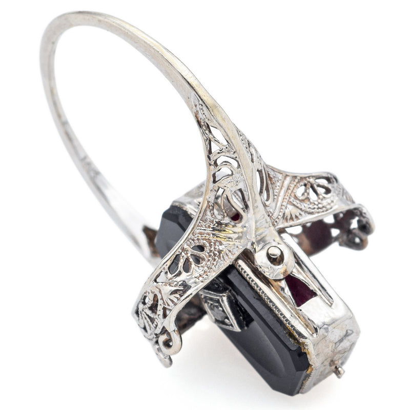 Vintage 14K White Gold Ruby, Onyx & Diamond Spinner Ring Size 8.5