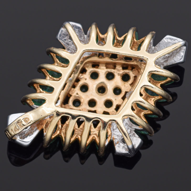 Vintage 14K Yellow Gold Emerald & Diamond Pendant 24 x 18 mm