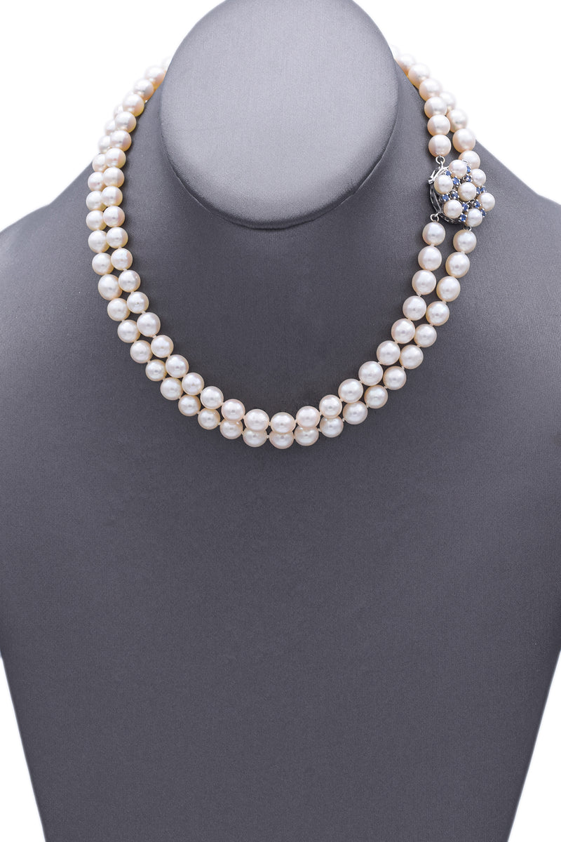 Vintage 14K White Gold Pearl Sapphire Beaded Multi-Strand Necklace Bracelet Set