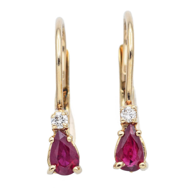 Estate 14K Yellow Gold Ruby & Diamond Leverback Dangle Earrings + Box