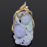 Vintage 14K Yellow Gold Lavender Green Jade & Diamond Carved Bird Gourd Pendant