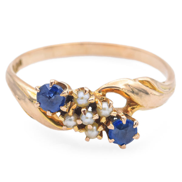 Antique W Signed 8K Yellow Gold Blue Quartz & Seed Pearl Band Ring Size 6