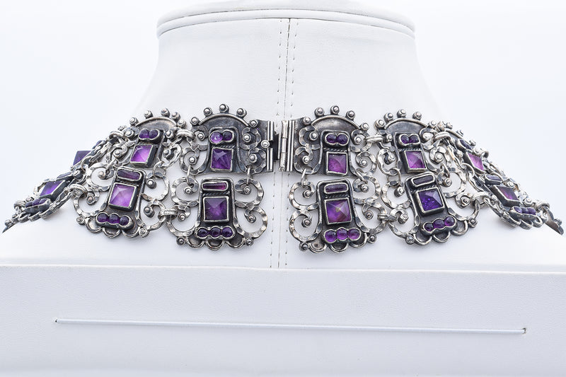 Vintage Mexico Sterling Silver Amethyst Chunky Chain Collar Necklace