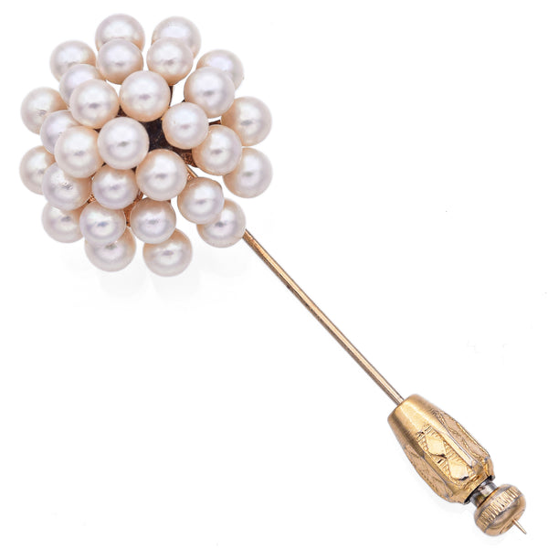 Vintage 17K Yellow Gold Pearl Cluster Brooch Stick Pin