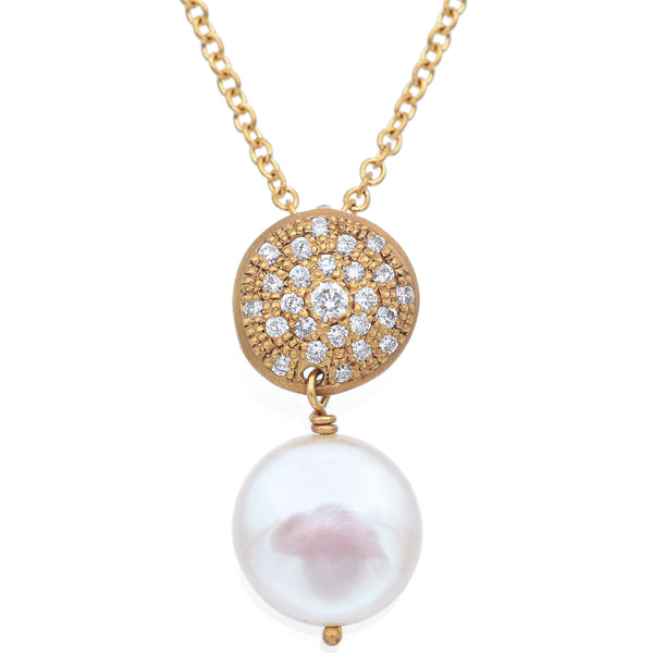 Vintage UNOAERRE 18K Yellow Gold Pearl & Diamond Pendant Necklace