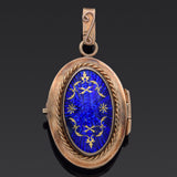 Antique 14K Yellow Gold Blue Enamel Oval Locket Pendant