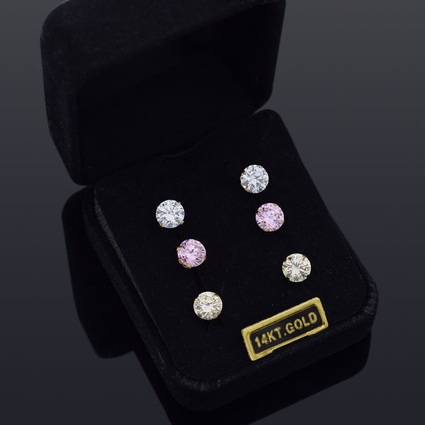 Estate 14K Yellow Gold 6.25 mm Pink & White CZ Stud Earrings +Box Lot of 3 Pairs