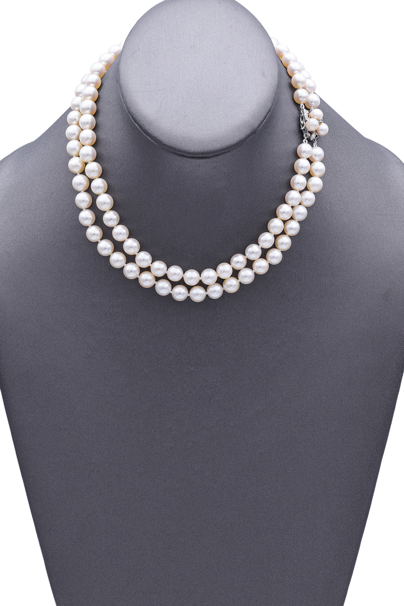 Vintage 14K White Gold Pearl & Diamond Beaded Double-Strand Necklace 15.5 Inches