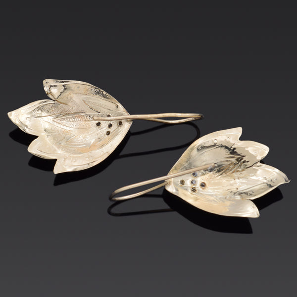 Vintage Diamond 14K Yellow Gold Leaf Dangle Earrings