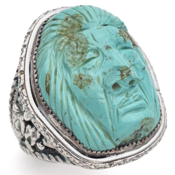 Francisco Gomez Vintage Sterling Silver Turquoise Carved Face Ring Size 10