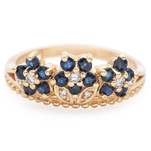 Estate Sapphire & Diamond 14K Yellow Gold Floral Band Ring Size 9.5