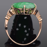 Vintage 14K Yellow Gold Green Jade Carved Floral Ring Size 6
