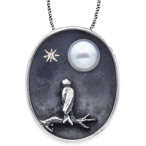 Bora Sterling Silver Pearl and CZ Bird, Moon and Star Pendant Necklace
